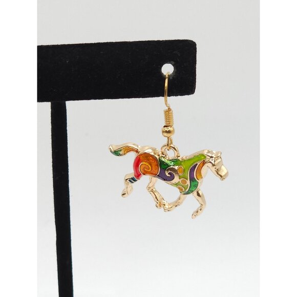 Gold-Tone Horse Earrings with Colorful Enamel Swirl Design Dangle Style Lightwei - Picture 4 of 12